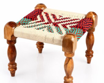 Sheesham Wood Charpai Stool, Handwoven Rope Seat, Honey-Toned Natural Wood Footstool, Rustic Home Decor, Handmade India