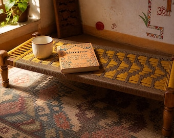 Handwoven Jute Charpai Daybed, Honey Wood Frame, Boho Indian Bench