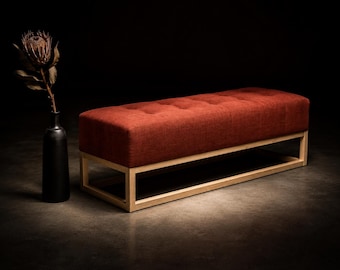Upholstered Tufted Bench, Pine Wood Frame, Terracotta Cotton, Bedroom Bench Seat, Handmade India, DRM Craft