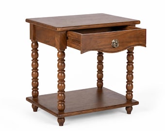 Massief houten bijzettafeltje met lade, rustiek nachtkastje, traditioneel accent bijzettafel, open plank, op bestelling gemaakt, aangepast formaat