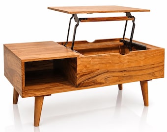 Lift Top Coffee Table Mango Wood, Handmade India, Hidden Storage, Mid Century Modern Living Room Table, DRM Craft