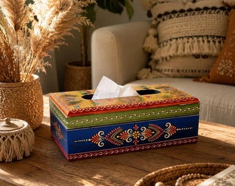 Porta fazzoletti in legno dipinto a mano, porta fazzoletti multicolore in stile Rajasthani, decorazione floreale da scrivania, fatto a mano in India