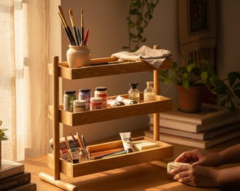 3 Tier Wooden Storage Rack, Honey-Toned Natural Wood Organizer, Artisan Jodhpur Craftsmanship