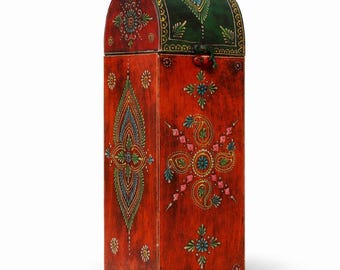 Hand-Painted Wooden Wine Box, Rustic Boho Bottle Holder, Decorative Storage Case