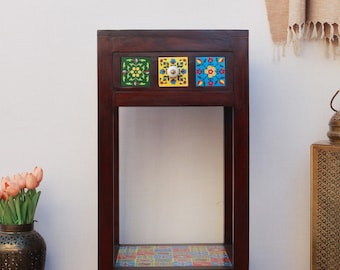 Handmade Wooden Mosaic Accent Table, Boho Mughal Tile Nightstand, Rustic Cognac Finish