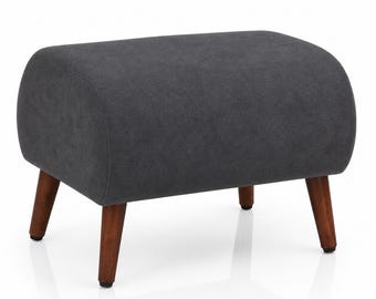 Handmade Boucle Footstool Ottoman, Mid-Century Dark Walnut Legs