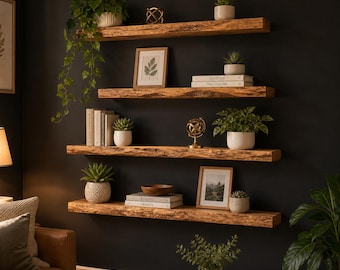 Solid Acacia Wood Live Edge Floating Shelf Set of 4, Honey Tone, Handmade India