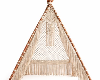 Macrame Teepee Tent for Kids & Adults, Handmade Cotton Cord Play Tent, Boho Indoor Wigwam, Wooden Bamboo Frame, Cozy Reading Nook Decor