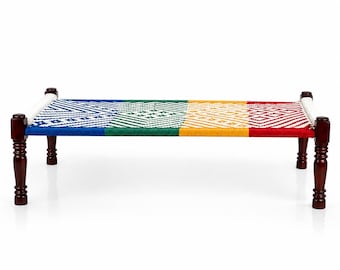 Cama charpai de madera de sheesham tejida a mano, diván de cuerda de algodón, muebles tradicionales indios