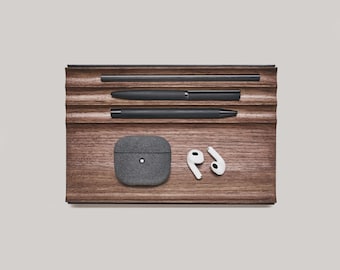 Walnut Wood Desk Organizer Tray, Minimalist Office Storage, Handmade Aluminium Accents