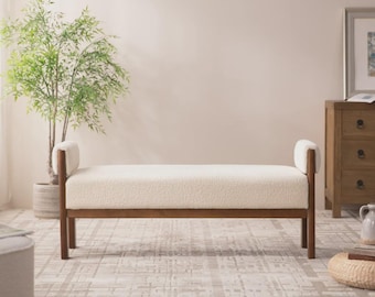 Cream Bouclé Bench, Wooden Accent Seating, Modern Rustic Footstool