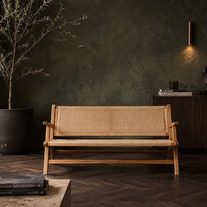 Handgefertigte Teakholz Cane Bank, Boho Rattan Zweiersofa, Honigfarbene Indoor Outdoor Sitzgelegenheiten