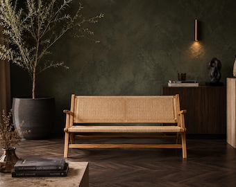 Handgefertigte Sitzbank aus Teakholz und Naturgeflecht, Boho-Rattan-2er-Sitzer, rustikale Sitzgelegenheit im Innen- und Außenbereich, honigfarbenes Holz, Sondergröße