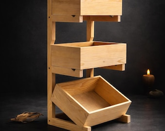 3 Tier Solid Wood Storage Rack, Natural Honey Finish Organizer, Removable Trays Stand