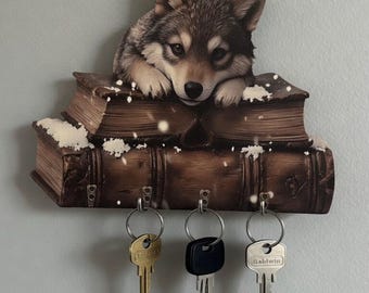 Nyckelhållare Wolf on Books – Rustikt litterärt väggställ med 4 krokar