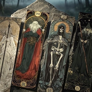 May include: Four rectangular bookmarks featuring intricate fantasy illustrations. The first shows a figure with a staff, the second a bearded man in red robes labeled IX, the third a skeleton in a dark cloak labeled VI, and the fourth a robed figure with a staff labeled IV.