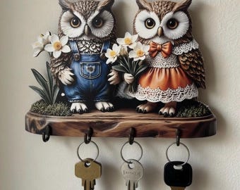 Nyckelhållare i trä med Owl Flowers – Rustik vägghängare med fågelmotiv och 4 antika krokar
