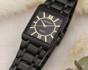 Svart rektangulär unisexklocka – skalenlig urtavla i kvarts, smal minimalistisk design, armbandsur för affärsbruk