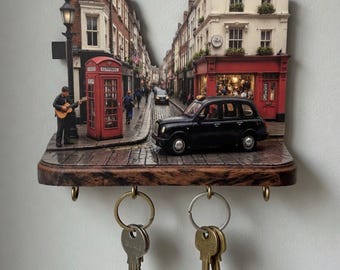 Nyckelhållare för London Street View – Vintage brittisk taxi, röd telefonkiosk på väggen