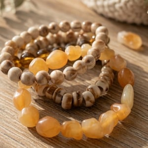 Puede incluir: Un conjunto de tres pulseras elásticas que presentan una mezcla de cuentas redondas y lisas con patrones en beige y marrón, junto a cuentas de piedra irregulares, translúcidas y pulidas de color ámbar, dispuestas en círculo.