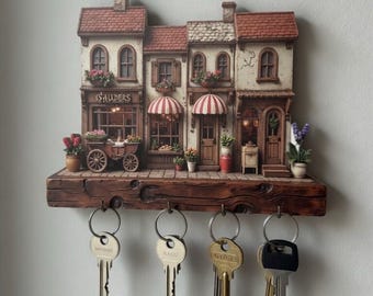 Retro Shop Front Key Holder – Vintage Street Wall Rack, Rustic Home Decor Hooks