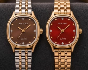 Ladies Quartz Watch Set – Red & Brown Dial, Silver / Gold Tone Timepieces, Gift for Her