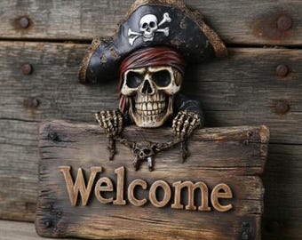 Välkomstskylt med piratskalle – Rustik trädörrplakett med korsben