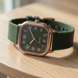Puede incluir: Un reloj de esfera cuadrada con esfera verde y caja y agujas de oro rosa. El reloj tiene una correa de silicona verde. La esfera muestra los números del 1 al 12. El reloj está sobre una superficie de madera.