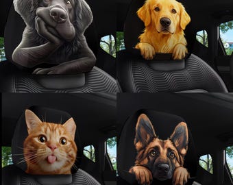 Lustige Tier Auto-Kopfstützenbezüge - 2 Stück Hund Katze Smiley Gesicht Sitzschoner (Waschbar)