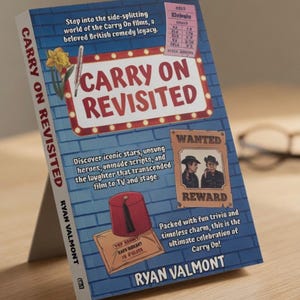 Könnte beinhalten: Das Buch "Carry On Revisited" wird auf einem Ständer präsentiert. Das Cover hat ein blaues Backsteinmauer-Design mit dem Titel in einem rot-weißen Leuchtbuchstaben-Stil. Illustrationen und Text sind ebenfalls sichtbar.