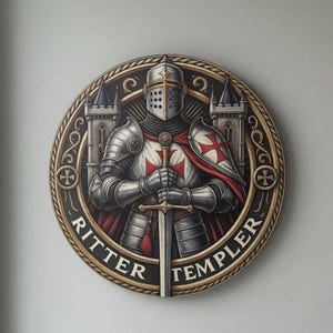 Medeltida väggskylt med tempelriddare – Rund aluminiumplakett, vintagedekor