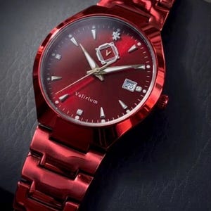 Kräftiges rotes Zifferblatt - Minimalistische Quarzuhr, Unisex-Edelstahlarmband (Link-Tool enthalten)