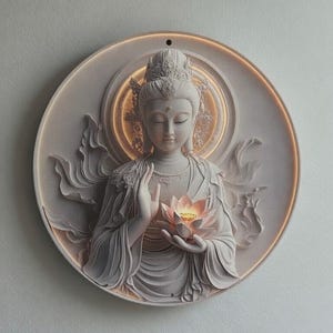 Puede incluir: Escultura en relieve circular blanquecina de una serena figura de Buda sosteniendo una flor de loto brillante. La figura está adornada con una corona y túnicas fluidas, sobre un halo dorado. La escultura está montada sobre una base circular con luz ambiental cálida.