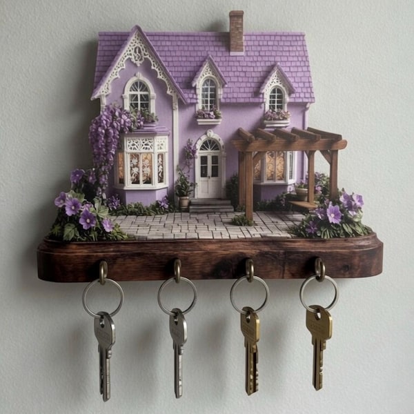 Purple Lavender Cottage Key Holder – 2D Flat Victorian House Wall Rack, 4 Antique Hooks