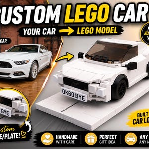 Könnte beinhalten: Ein weißes, maßgeschneidertes LEGO-Automodell mit schwarzen Rädern und einer dunklen Windschutzscheibe, aus LEGO-Steinen gebaut. Das Modell steht auf einer weißen Basis, mit dem Kennzeichen "OK60 BYE". Der Text "CUSTOM LEGO CAR" ist enthalten.