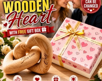 Personalized Interlocking Wooden Hearts Sculpture with Free Gift Box, Custom Name Engraved, Couple Gift, Anniversary Wedding Gift