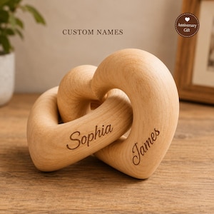 May include: Two interlocking light-colored wooden heart sculptures with a smooth finish. The names Sophia and James are engraved in a cursive font on the front surfaces of the hearts. The text CUSTOM NAMES and Anniversary Gift appear above.