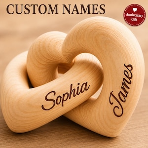 Personalized Interlocking Wooden Hearts Sculpture, Custom Name Engraved Couple Gift