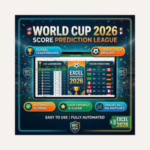 May include: A digital graphic for a World Cup 2026 Score Prediction League Excel spreadsheet. It features a central tablet displaying a live leaderboard and fixture predictions, surrounded by buttons for automated scoring, tracking 104 matches, and a clean user interface.