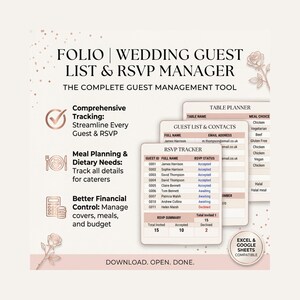 Op de afbeelding: Een digitale gastenlijst en RSVP-manager voor bruiloften met de tekst "FOLIO | WEDDING GUEST LIST & RSVP MANAGER". De afbeelding toont een gastenlijst, RSVP-tracker en tafelplanner. Functies omvatten uitgebreide tracking.