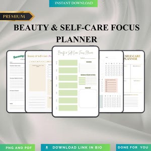 Puede incluir: Un planificador digital centrado en la belleza y el autocuidado. El planificador presenta un diseño limpio y minimalista con secciones para rutinas diarias, horarios semanales y actividades relacionadas con el negocio. El texto dice "Beauty & Self-Care Focus Planner."
