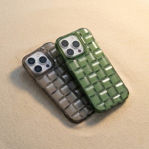 Green Woven Plaid iPhone Case 3D Cube Pattern Transparent Soft Phone Cover Shockproof for iPhone 17 16 15 14 13 12 11 Pro Max