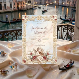 Dark Academia Wedding Invitation, Gothic Romantic Cherub Template, Moody Baroque Floral Suite