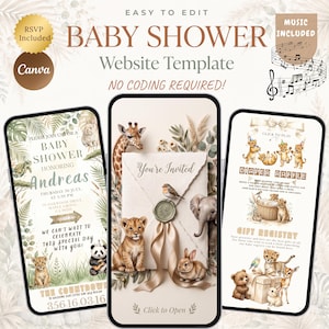 May include: A digital baby shower website template featuring three mobile phone screens displaying event details, an invitation with a wax seal and safari animals, and a diaper raffle page with illustrations of a lion, bear, and deer.