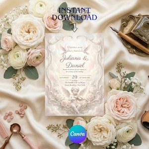 May include: An elegant wedding invitation with the names "Juliana & Daniel" and event details. The design features a cherub, doves, and floral arrangements in soft, pastel colors. The words "Instant Download" are at the top.