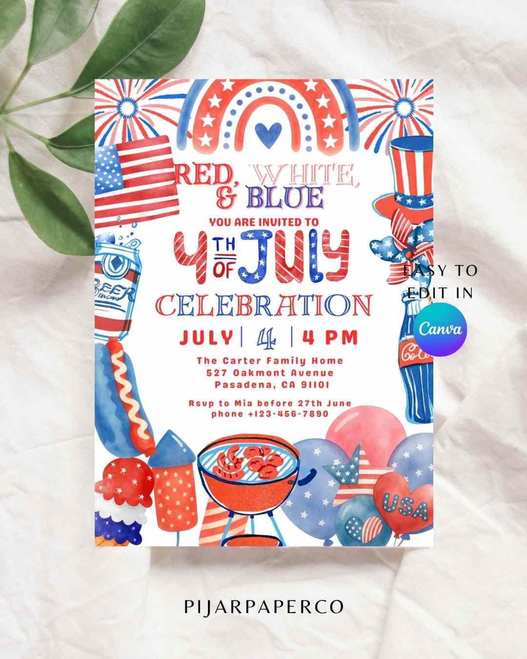 4th of July BBQ Party Invitation Template, Red White and Blue Cookout ...