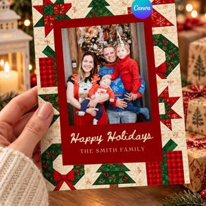 May include: A rectangular holiday greeting card featuring a central photograph of a family of four. The card has a red border with a quilt-like pattern of Christmas trees, stars, and wreaths. Text reads Happy Holidays, THE SMITH FAMILY.