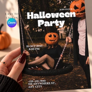 May include: A rectangular Halloween party invitation card featuring a person in a black dress sitting on a tire swing with a pumpkin head, and another person standing nearby with a pumpkin head. Text includes Halloween Party, 31 OCT 2025, 8:00 PM, 123-456-7890, 123 ANYWHERE ST., ANY CITY, and PIJARPAPERCO.