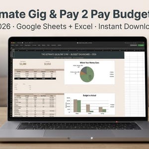 The Ultimate Gig & Pay 2 Pay Budget Planner 2026 | Google Sheets Excel, Side Hustle Income Tracker, 50/30/20 Budget Spreadsheet Template