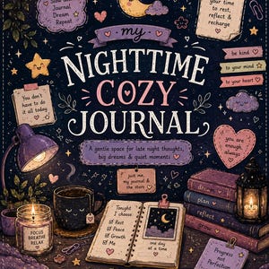 May include: A dark blue journal cover titled My Nighttime Cozy Journal with illustrations of a crescent moon, stars, a lamp, a coffee mug, and books. Text includes "This is your time to rest, reflect & recharge," "Tonight I choose: Rest, Peace, Growth, Me."